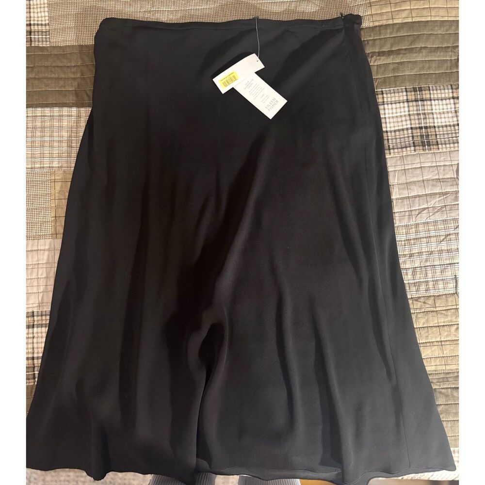 NWT Eileen Fisher 100% Silk Midi Skirt Black Side Zip Luxury XL